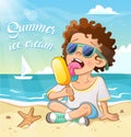 Cool curly little boy in sunglasses eats ice cream on the beach Royalty Free Stock Photo