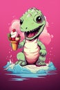 Beautiful Cute dinosaure eating ice cream Generative AI