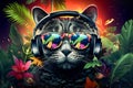 cool cute cat DJ in sunglasses listening music with headphones in vibrant exotic tropical setting. Vacation holiday