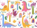 Cool Cute colorful seamless pattern with dinosaurs