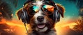 cool cute dog DJ in sunglasses listening music with headphones in vibrant exotic tropical setting. Vacation holiday