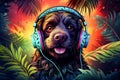 cool cute dog DJ in sunglasses listening music with headphones in vibrant exotic tropical setting. Vacation holiday