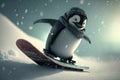 Cool cute penguin snowboarding in winter