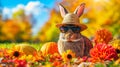 cool cute rabbit with hat and sunglasses sitting in nature