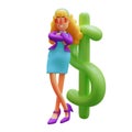 Cool 3D Business Woman a Cartoon Character standing in front of Dollar Symbol