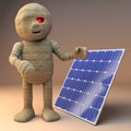 Cool 3d cartoon Egyptian mummy monster standing by a renewable energy solar panel, 3d illustration