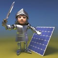 Cool 3d cartoon medieval knight in armour waves his sword by a renewable energy solar panel, 3d illustration Royalty Free Stock Photo