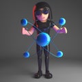 Cool 3d gothic girl in leather catsuit holding a nuclear atom