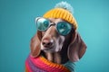 Cool dachshund dog in glasses, sweater and hat with bubo. Royalty Free Stock Photo