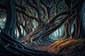 Cool dark woods. Mysterious forest. Generative AI