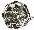 Cool detailed hot road engine with skull tattoo