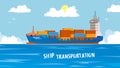 Cool detailed vector design element on seagoing freight transport with loaded container ship. Modern global cargo