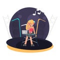 Cool DJ girl behind the console on stage color flat illustration