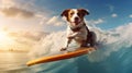 cool dog Border Collie surfer surfer in sunglasses on a board on a wave in the ocean. Place for text Royalty Free Stock Photo