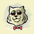 Cool dog. doodle Caucasian Shepherd Dog face. Vector illustration. Portrait of a serious confident dog with glasses and a bow tie.