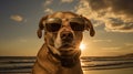 Cool dog hanging at the beach in sunglasses. Summer pup by the sea. Sunbathing pet in shades. Royalty Free Stock Photo