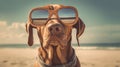 Cool dog hanging at the beach in sunglasses. Summer pup by the sea. Sunbathing pet in shades. Royalty Free Stock Photo