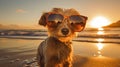 Cool dog hanging at the beach in sunglasses. Summer pup by the sea. Sunbathing pet in shades. Royalty Free Stock Photo