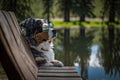 Cool Dog in Mirrored Shades Relaxing on Park Bench, generative AI