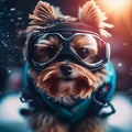 Cool Dog In Ski Goggles Rides A Snowboard. Illustration Generative AI