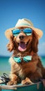 Cool dog with sun glasses at the beach.Vacation concept, summer feelings. Generative AI Royalty Free Stock Photo