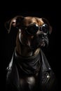 Cool dog with sunglasses and leather jacket on black background. Fashionable appearance, be trendy. Style and fashion