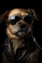 Cool dog with sunglasses and leather jacket on black background. Fashionable appearance, be trendy. Style and fashion