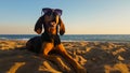 Cool dog with sunglasses relaxing at the beach. Royalty Free Stock Photo