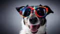 Dog wearing sunglasses with its tongue out. Fun animal.