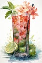 Cool down and enjoy a tropical escape through this watercolor masterpiece, highlighting glasses, ice Royalty Free Stock Photo