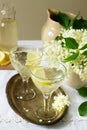 A cool drink with lemon and elderflower syrup in glasses on a metal tray. Rustic style.