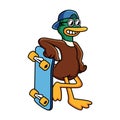 Cool duck with funny pose with skateboard cartoon illustration. Animal icon concept isolated in white background