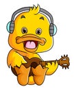 The cool duck is playing guitar while sitting