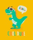 Cool Dude Dinosaur Tirannosaur Three Rex. Cartoon Tirex. Card for a Child. Vector Cute and Funny Cartoon Hand Drawn Royalty Free Stock Photo