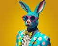 Cool Easter bunny in stylish clothes and pink glasses.