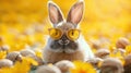 Cool Easter Bunny with Sunglasses Leaning on Large Painted Yellow Easter Egg with German Text on Table - Happy Easter Concept Holi Royalty Free Stock Photo