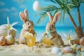 Cool Easter bunnys on vacation on the beach with a cocktail. Easter Bunny On Palm Tree Island. Easter bunnies on vacation under