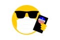 Cool emoji with face mask sunglasses, phone and I Voted pin, coronavirus covid 19 pandemic during elections