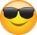 Cool emoji in shades. Yellow smiling face emoticon wearing sunglasses. Expression of being cool, happy, smiling Royalty Free Stock Photo