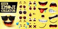 Cool emoji smiley creator vector set. Smiley emojis maker in cool happy face
