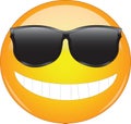 Cool emoji in sunglasses. Yellow smiling face emoticon wearing sunglasses and having wide smile showing all teeth. Expression of