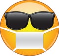 Cool emoticon wearing a mask. Yellow emoji wearing sunglasses and health mask to protect from germs, viruses, air pollution and