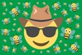 cool face emoji with cowboy hat amid bee pattern,vector illustration