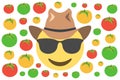 cool face emoji with cowboy hat amid red,green and yellow tomatoes,vector illustration