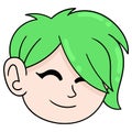 Cool faced boy smiling green haired, doodle icon drawing