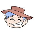 Cool faced boy wearing a cowboy hat friendly smiling face, doodle icon drawing