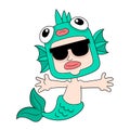 Cool faced mermaid wearing sunglasses, doodle icon image kawaii