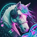 Neon fashion horse in headphones. Generative AI