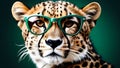 Cool feline, leopard character in eyeglasses, wild jungle animal portrait Royalty Free Stock Photo