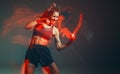 Cool female fighter in boxing bandages trains in studio in red neon light. Mixed martial arts poster. Long exposure shot